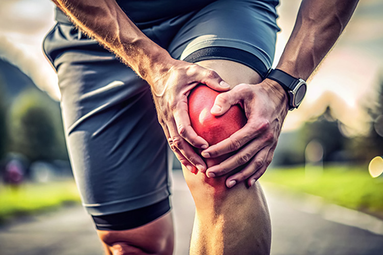 Man athlete suffering from knee pain is holding his sore joint, close up, outdoors