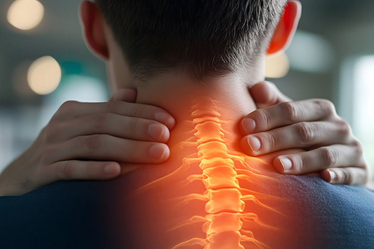 Man massaging painful neck with glowing red inflammation visuali